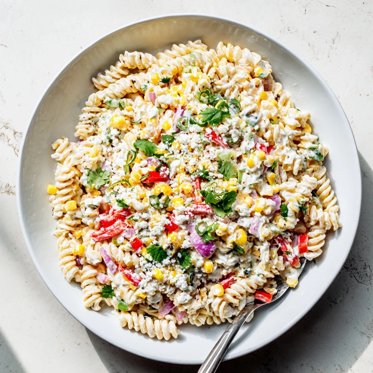 Juicy Street Corn Pasta Salad tossed with rotini, diced red onion, jalapeño, and fresh cilantro, garnished with lime wedges.