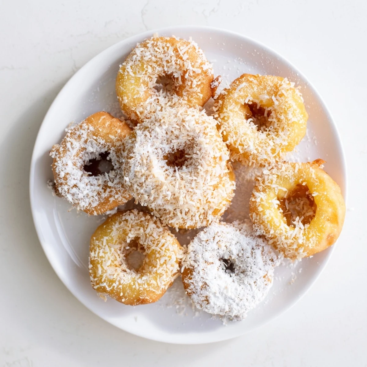 Dipped Heavenly Pineapple Fritters That Bring Tropical Joy in batter, fried until golden with shredded coconut garnish.
