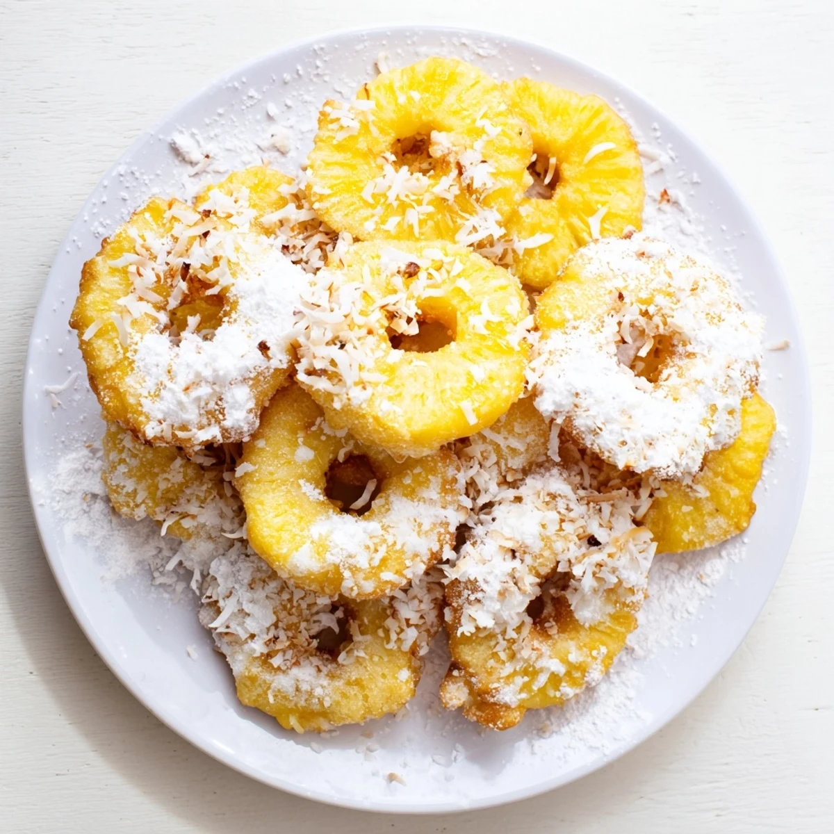 Golden, crispy Heavenly Pineapple Fritters That Bring Tropical Joy with powdered sugar, served warm on a plate.