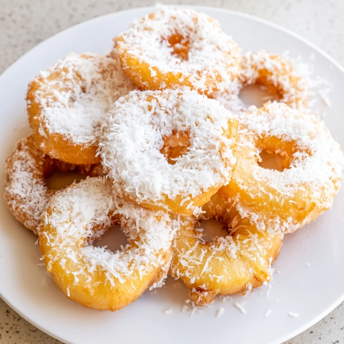 Stack of Heavenly Pineapple Fritters That Bring Tropical Joy dusted with powdered sugar, ready for dessert or snack.