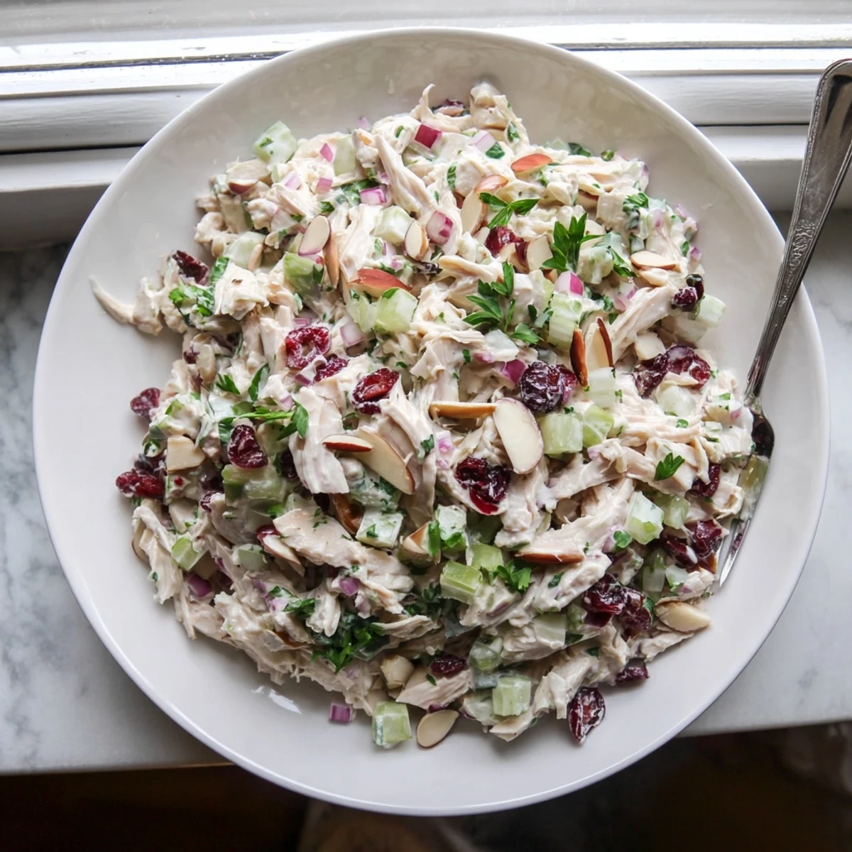 Light and protein-packed Greek yogurt rotisserie chicken salad with diced bell peppers and red onion