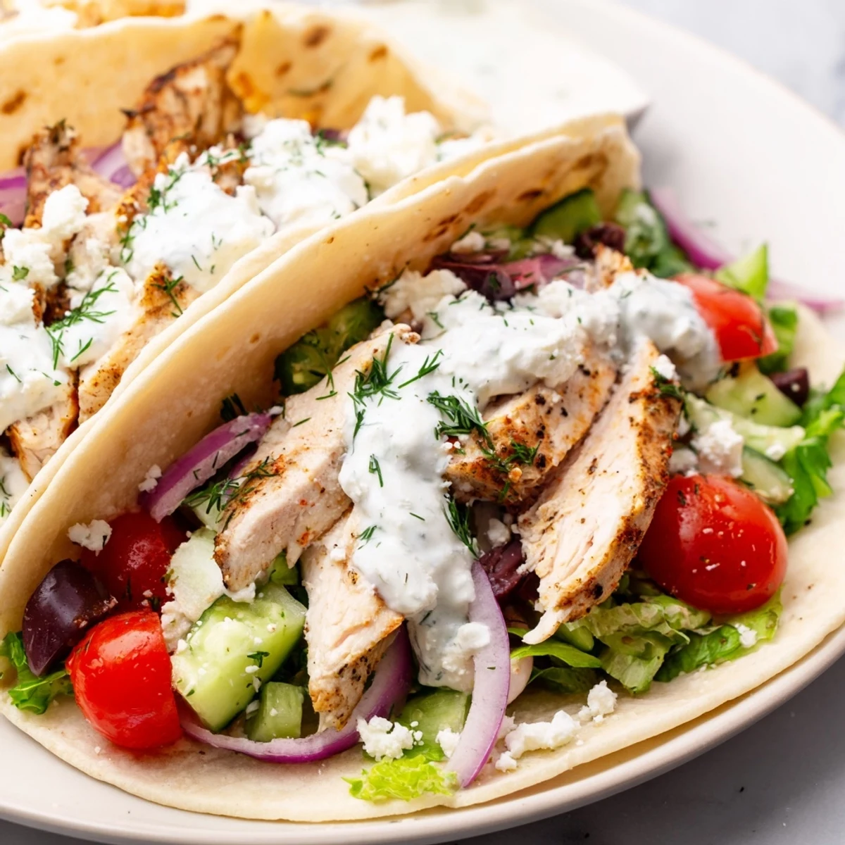 Zesty chicken tacos featuring tender spiced meat fresh tomatoes lettuce and tangy Greek yogurt sauce
