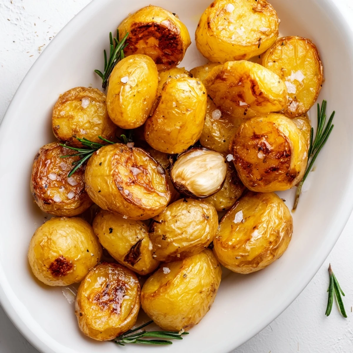 Bubbling hot homemade roast potatoes fresh from the oven with rosemary sprigs and sea salt flakes
