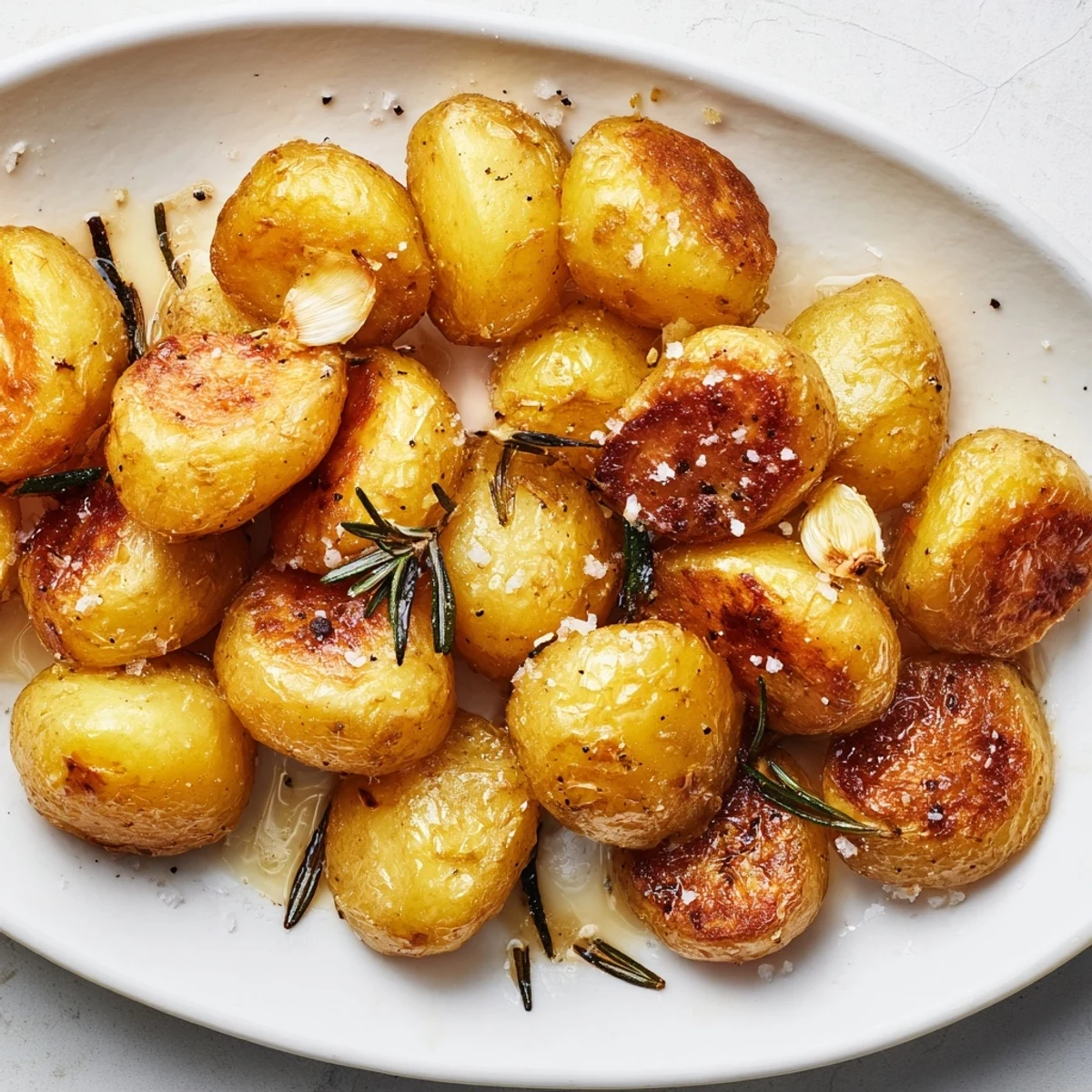 Golden homemade roast potatoes with crispy edges and fluffy centers scattered on a white serving platter