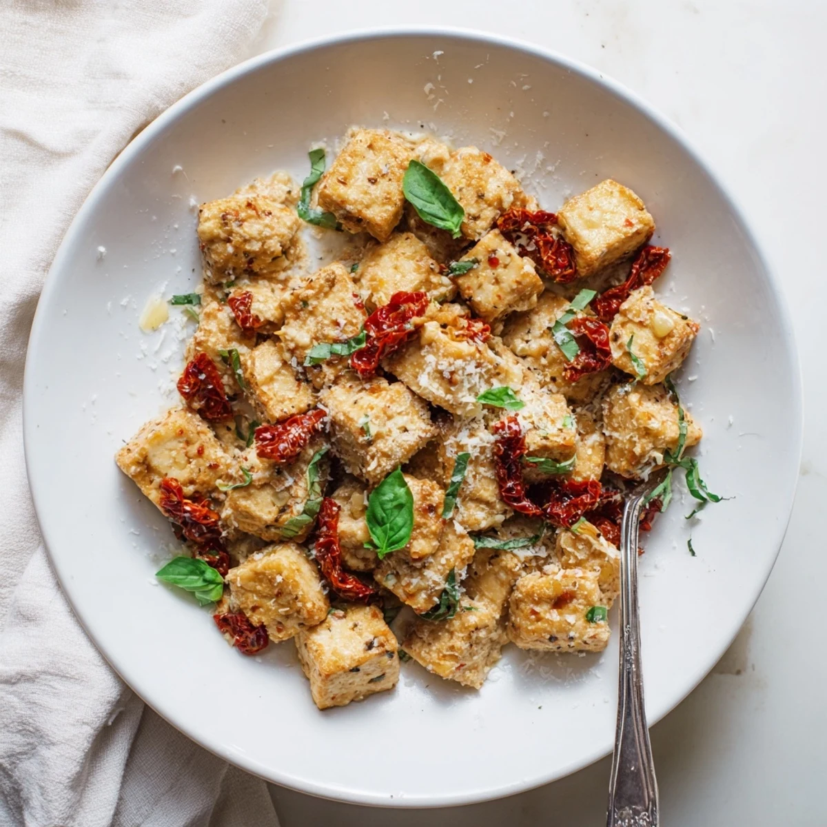 Classic Marry Me Tofu plated with fresh basil garnish over creamy white sauce
