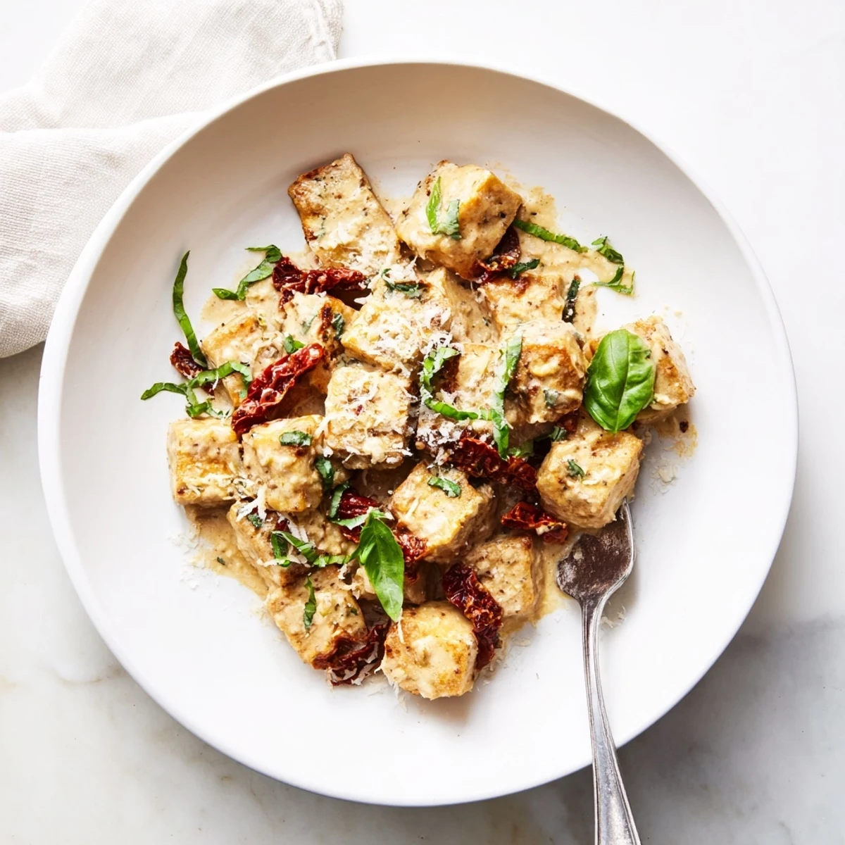 Golden crispy tofu cubes swimming in rich sun-dried tomato garlic cream sauce