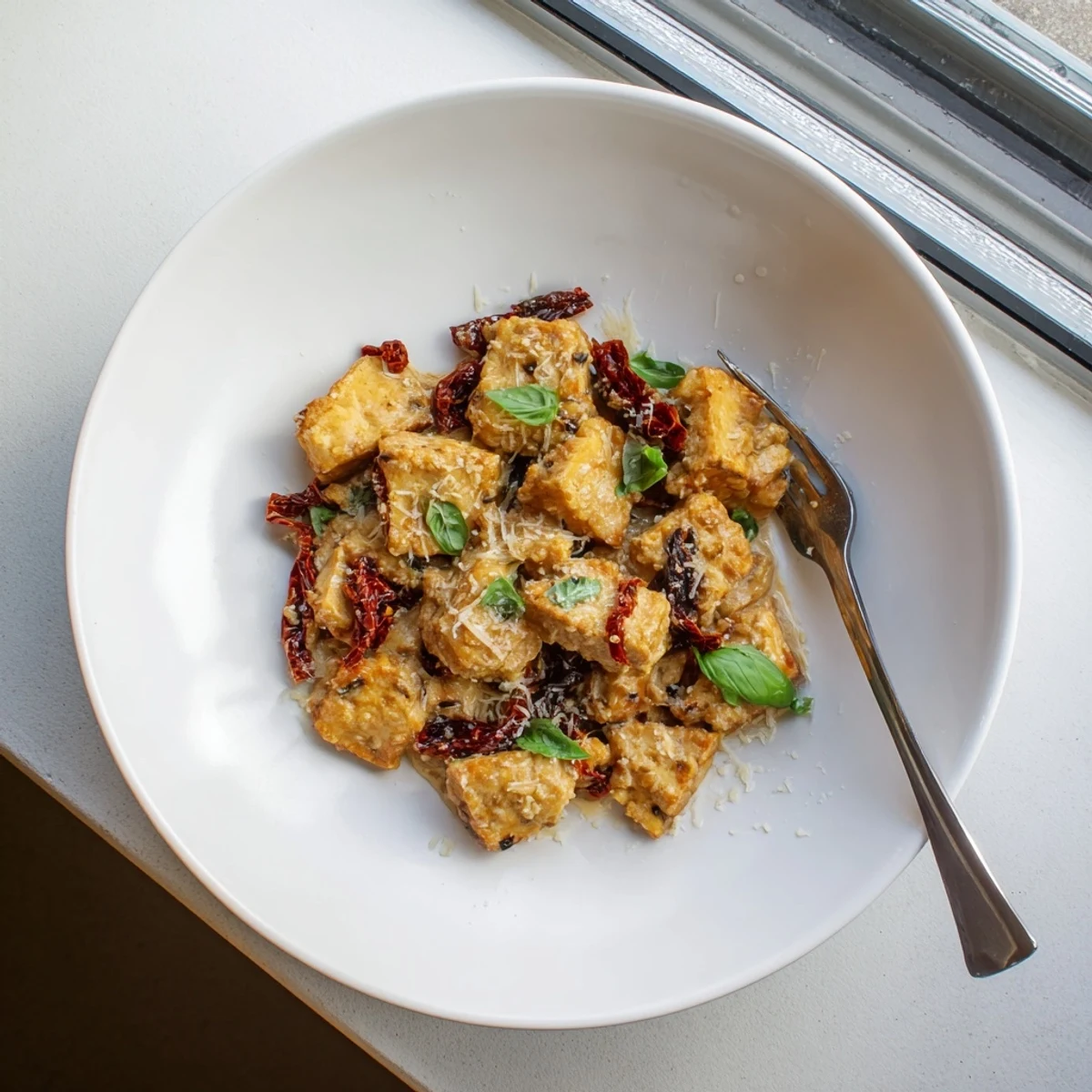 Plant-based creamy tofu dish with sun-dried tomatoes and aromatic herbs in skillet