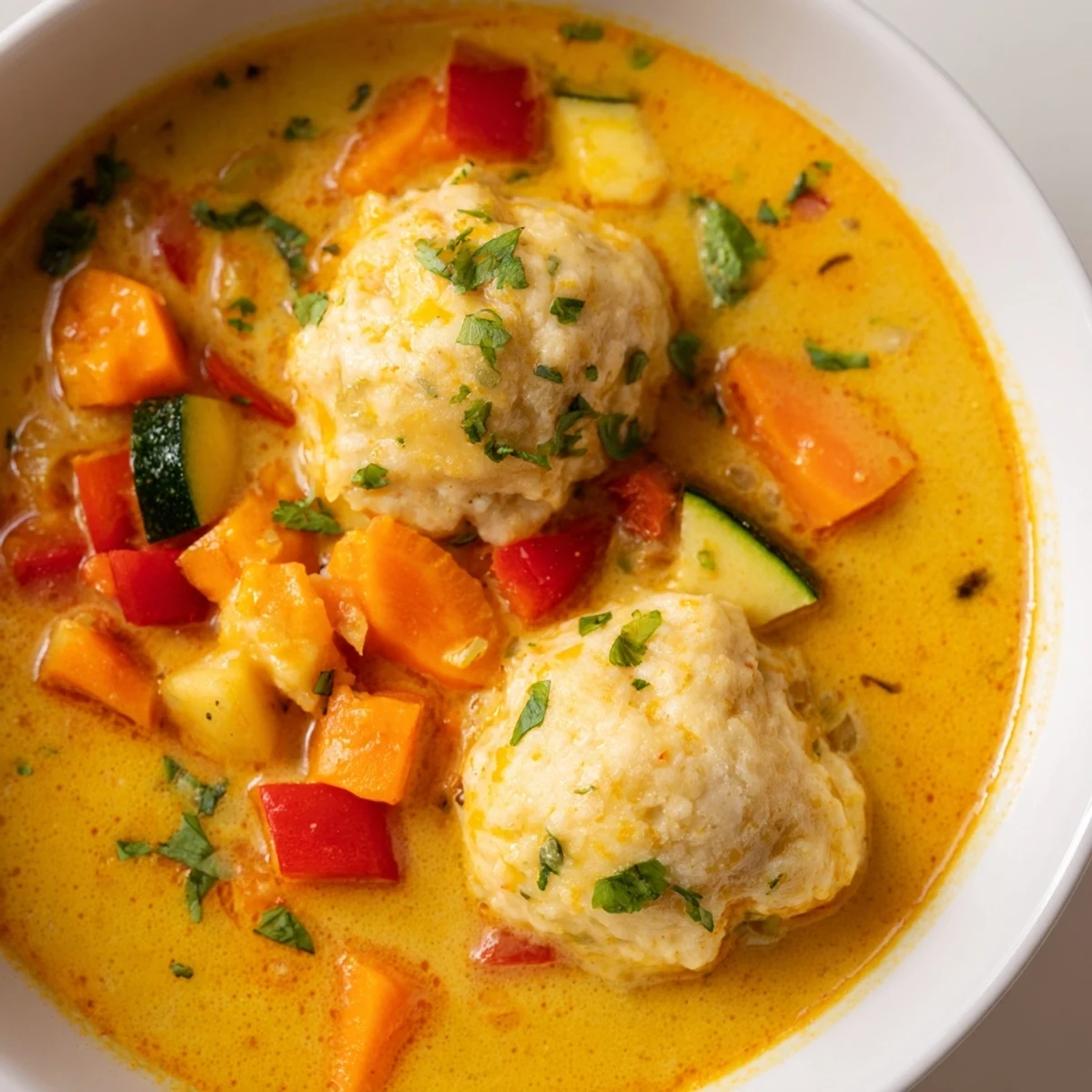Creamy coconut curry soup with fluffy dumplings floating in a golden aromatic broth