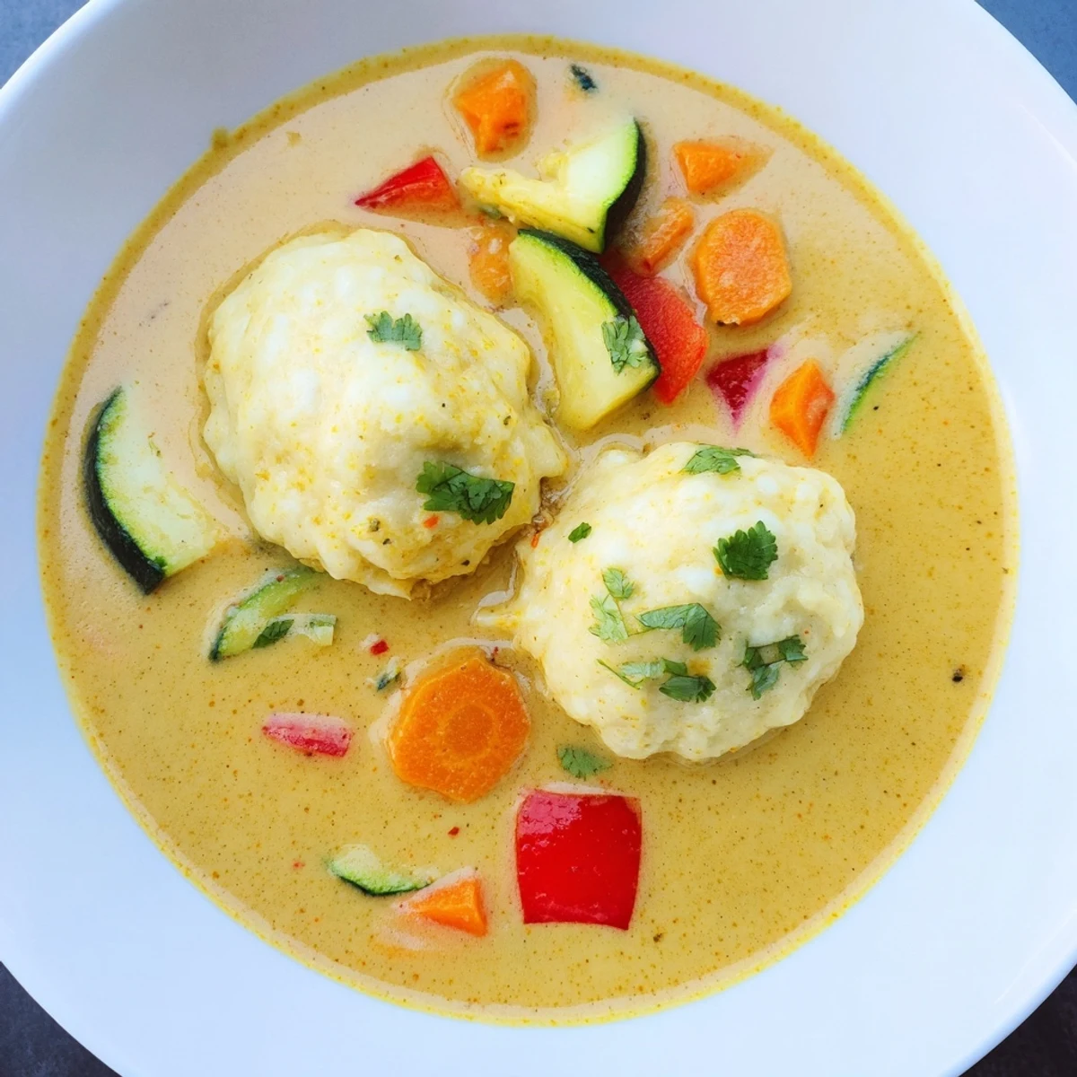 Golden curry soup with plump dumplings garnished with fresh cilantro and lime wedges