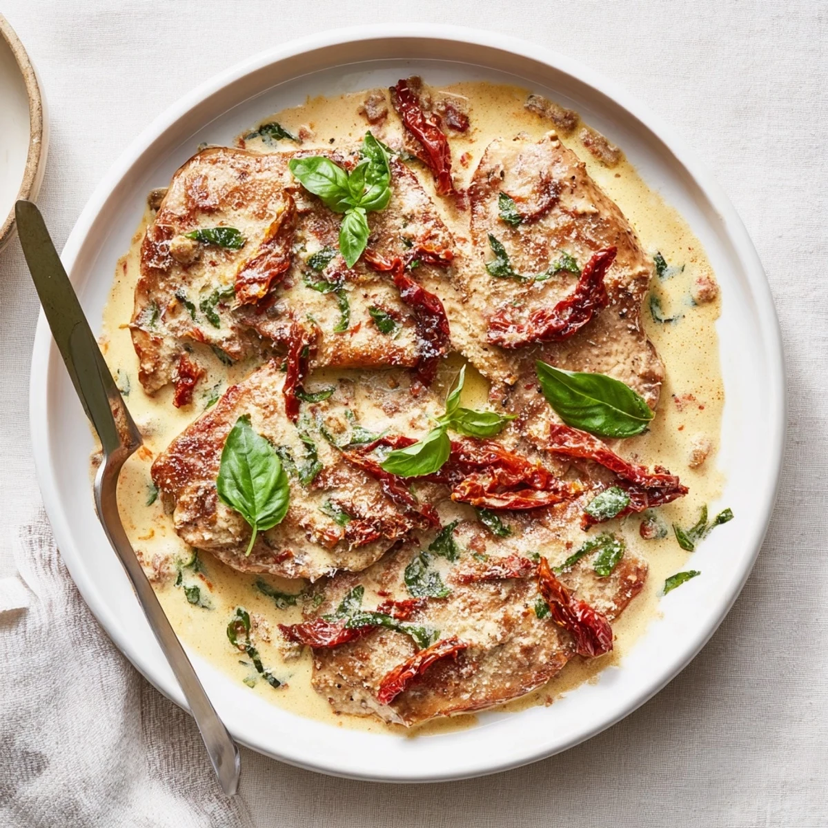 Juicy boneless Marry Me Pork chops swimming in thick garlic parmesan cream sauce with herbs