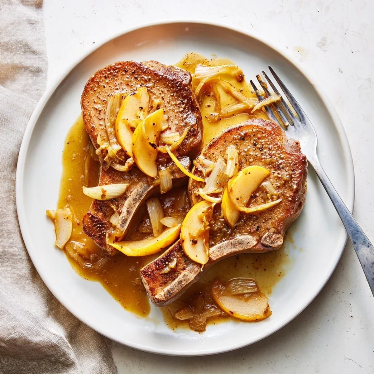 Golden seared apple butter pork chops topped with caramelized onions and tender sliced apples