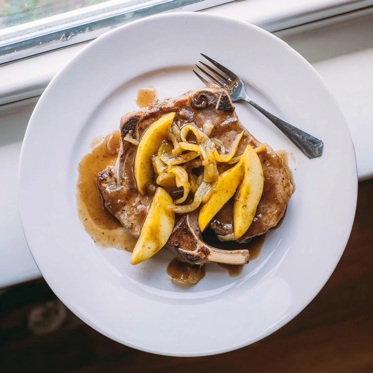 Savory tender apple butter pork chops simmered in a rich sweet cinnamon spiced sauce