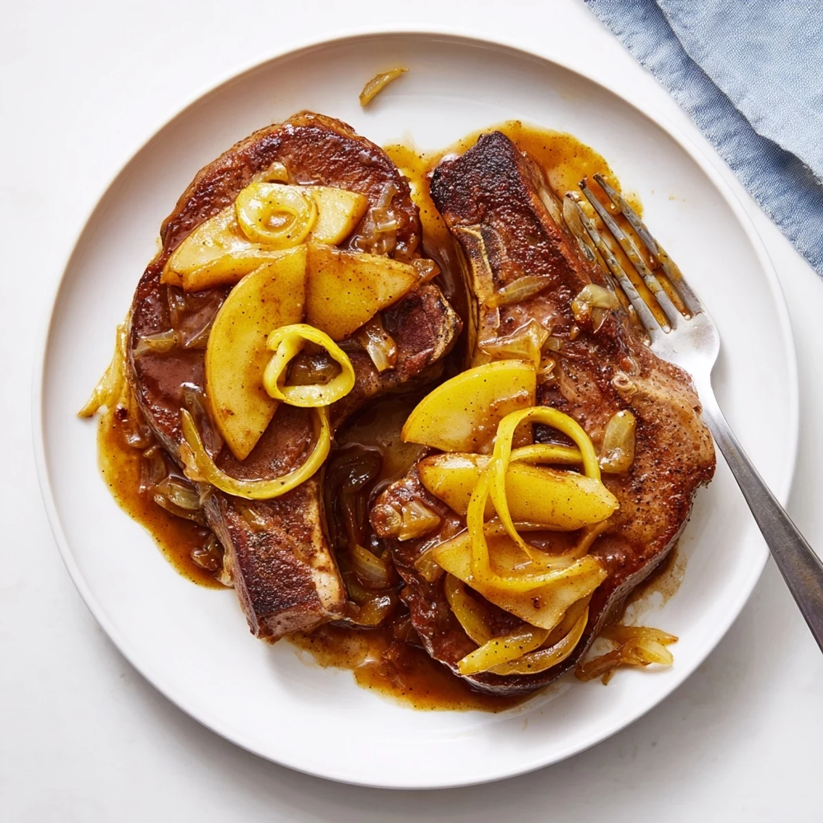 Comforting apple butter pork chops served with glazed apples in a cast iron skillet