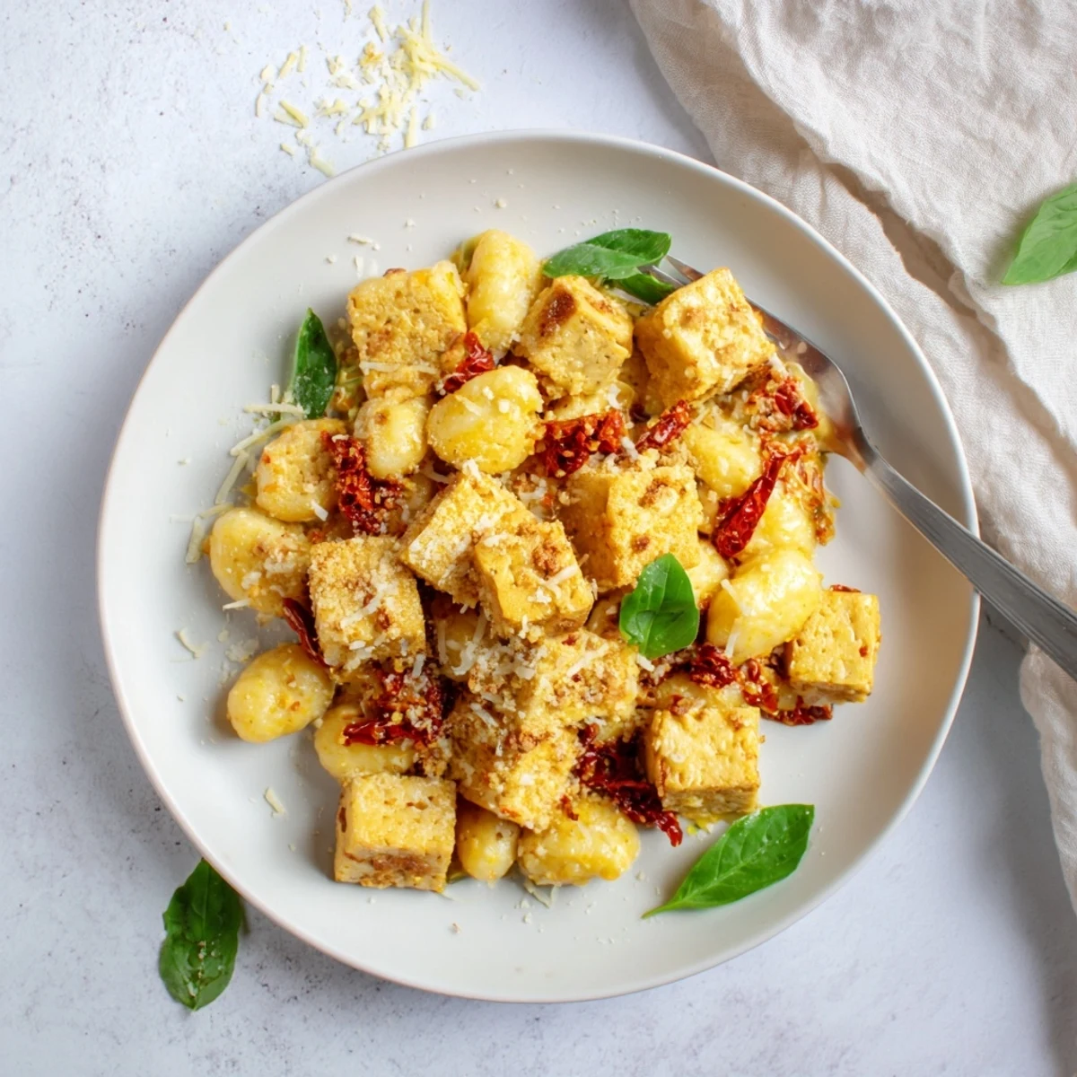 Restaurant-style Marry Me crispy tofu with gnocchi swimming in a velvety tomato cream sauce topped with grated Parmesan