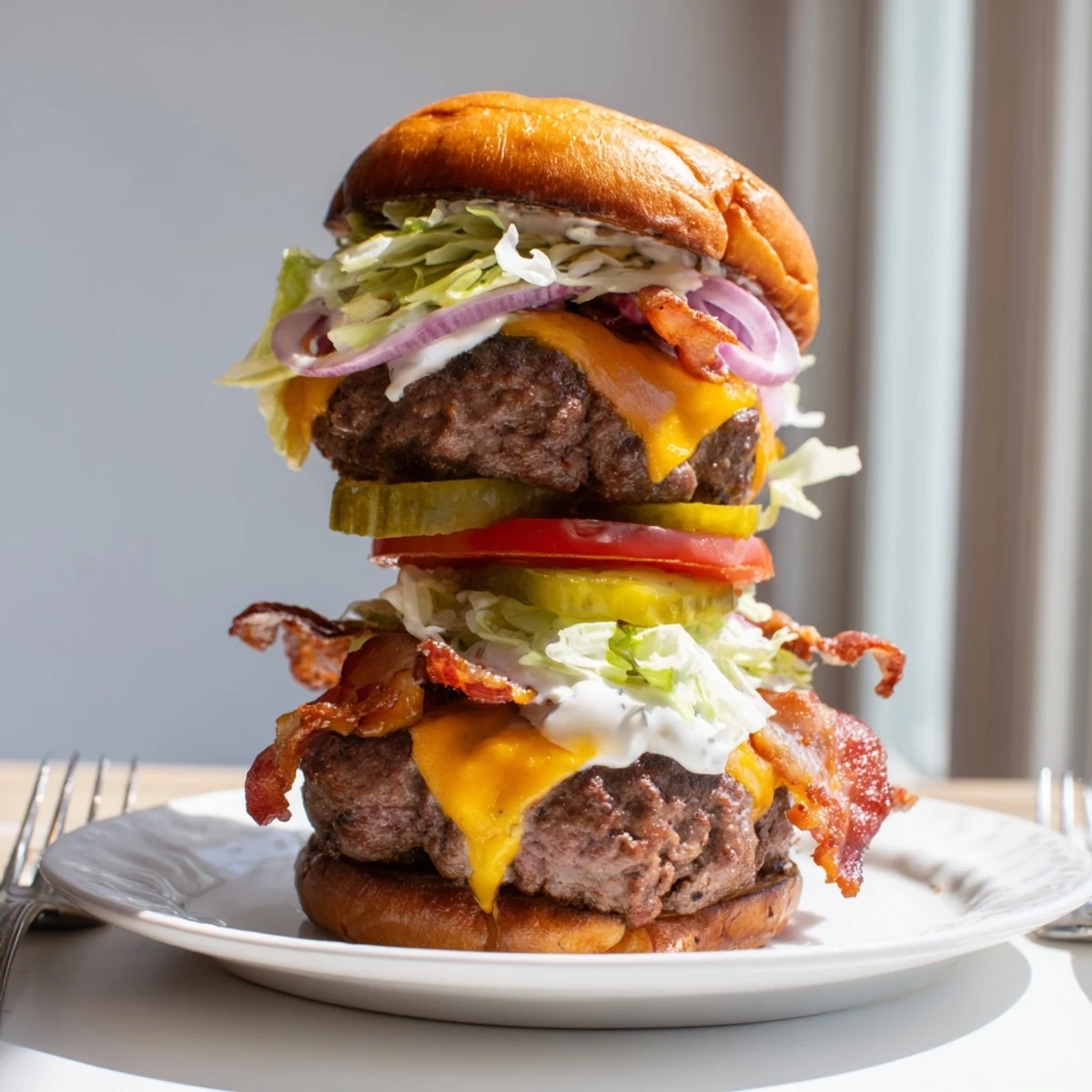 Decadent crack burger featuring seasoned beef patty topped with bacon cheese slices and tangy crack sauce on golden bun