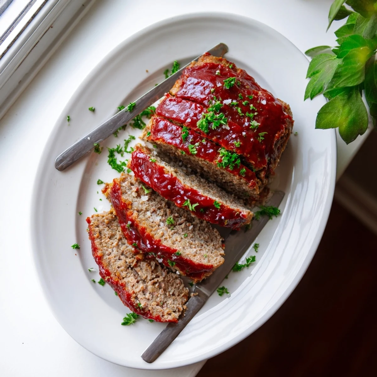 Golden crusted garlic parmesan meatloaf glazed with ketchup and fresh parsley garnish