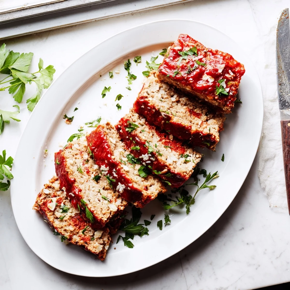 Savory garlic parmesan meatloaf with tangy tomato glaze resting on wooden cutting board