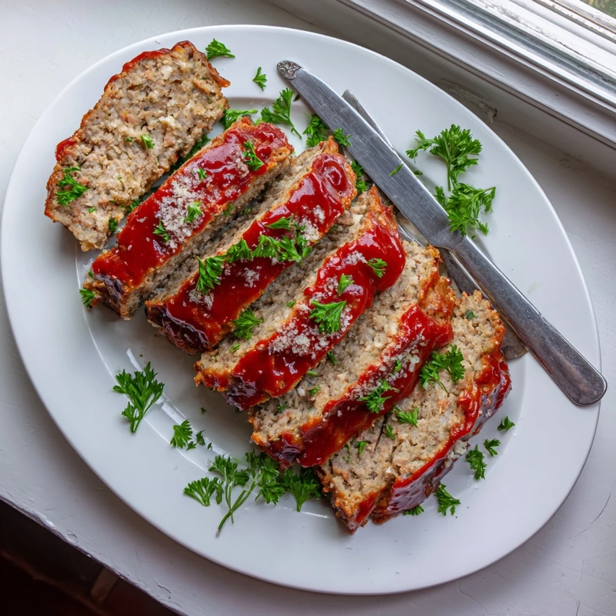 Tender baked meatloaf sliced on a white plate alongside creamy mashed potatoes