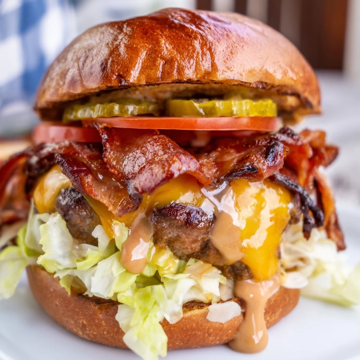 Juicy Crack Burgers with crispy bacon, melted cheddar, and creamy ranch-mayo sauce on toasted brioche buns