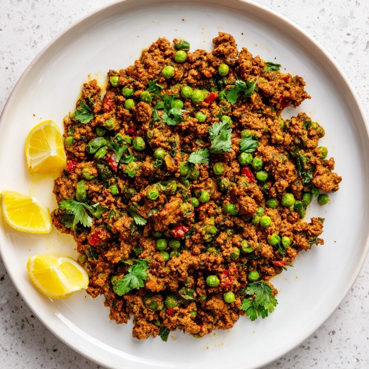 Golden ground beef Keema curry garnished with fresh cilantro and served over fluffy white rice