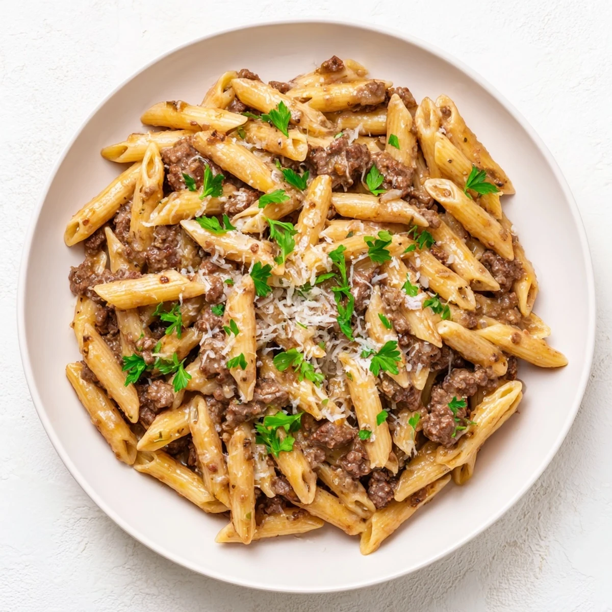 Hearty bowl of creamy beef pasta with al dente penne coated in rich sauce
