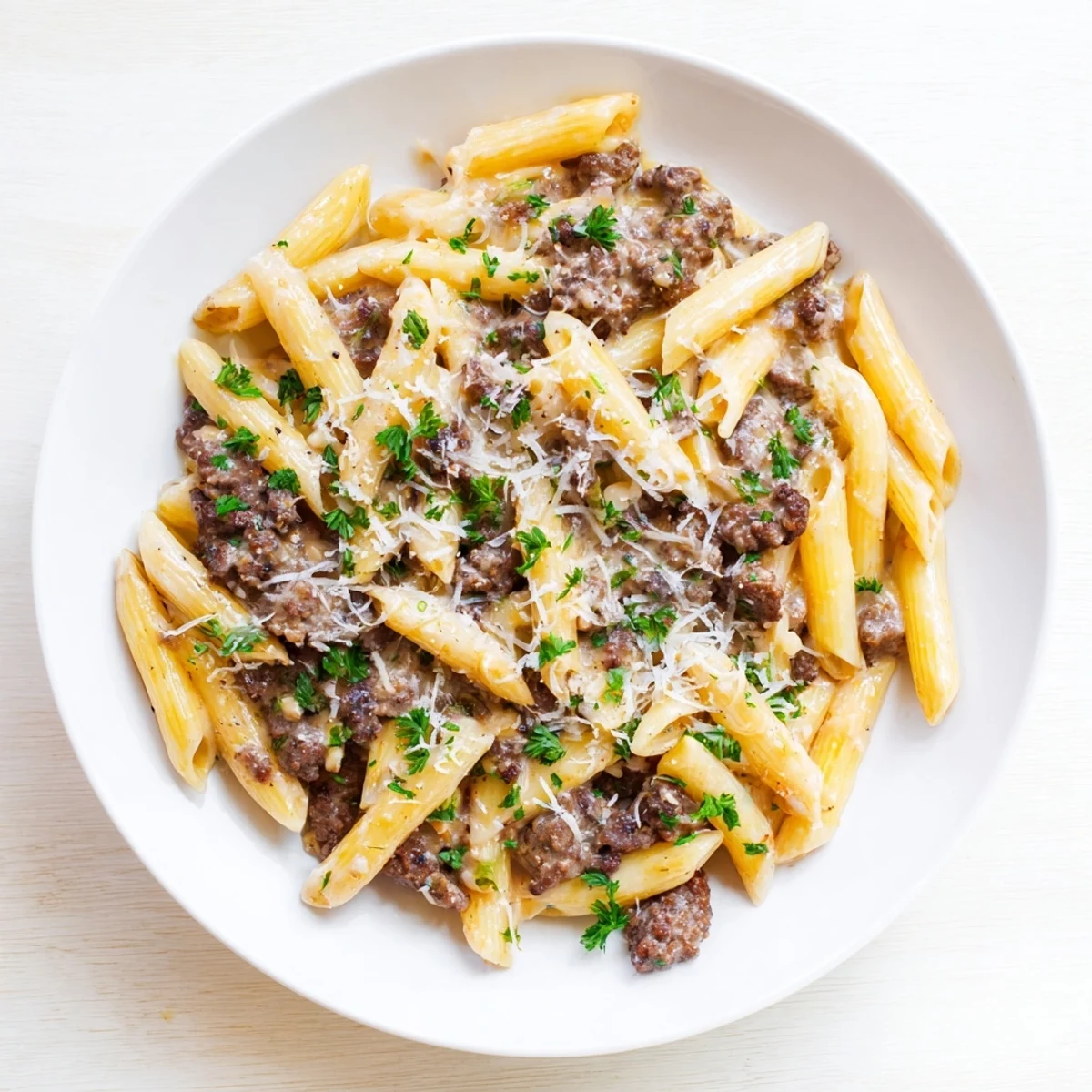 Savory ground beef pasta in velvety white sauce sprinkled with extra Parmesan