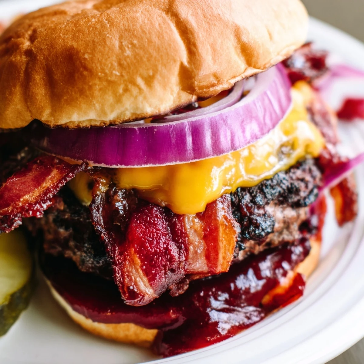 Sliced hearty BBQ bacon burger revealing layers of tangy barbecue sauce fresh tomato and red onion