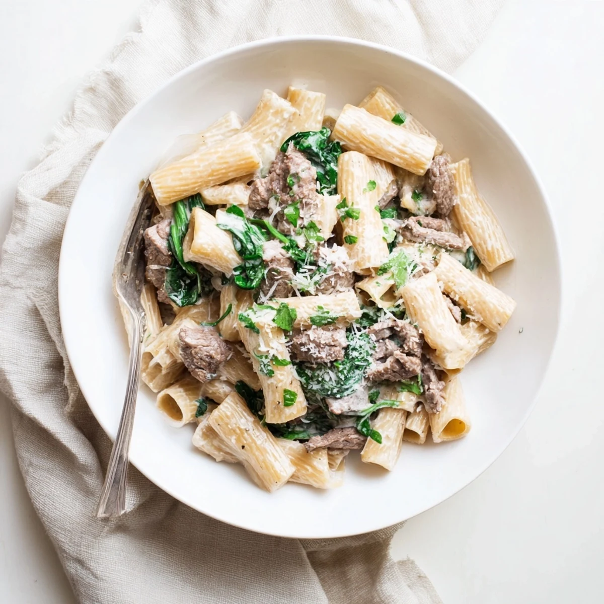 Creamy high protein beef pasta tossed with spinach and tender beef slices in a rich white sauce