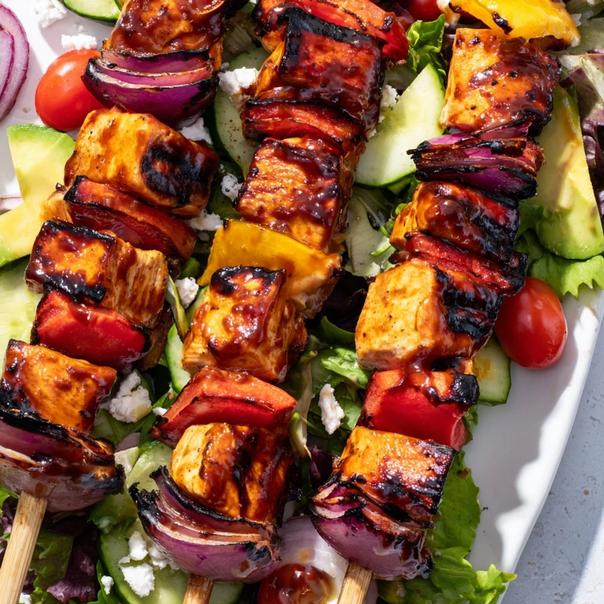 Fresh BBQ chicken skewer salad with colorful vegetables and tangy honey Dijon dressing