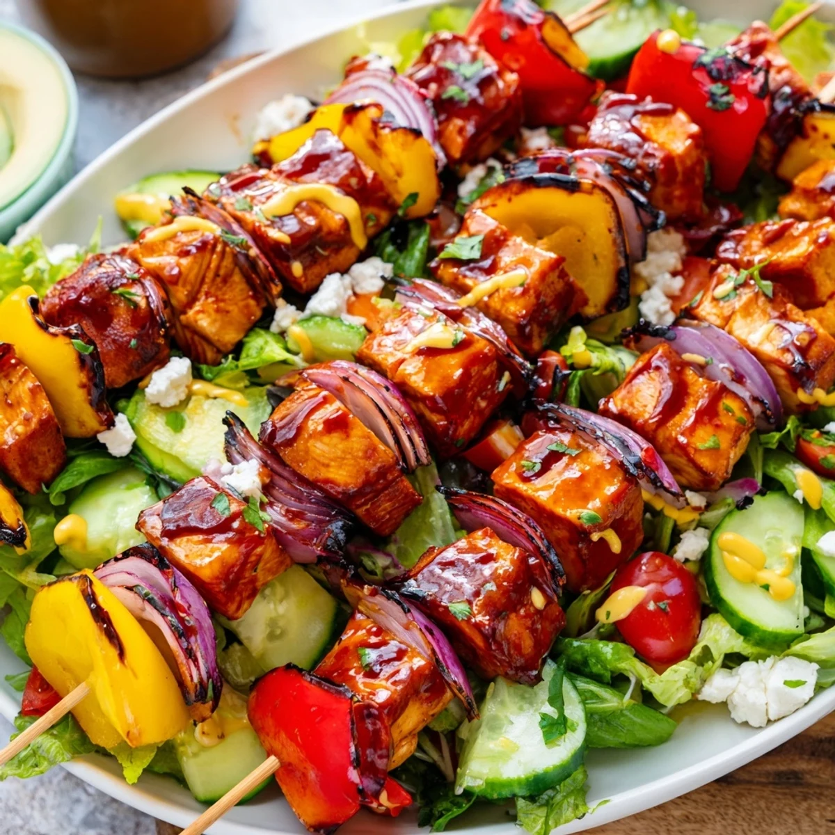 Grilled BBQ chicken skewer salad featuring crisp greens avocado and crumbled feta cheese