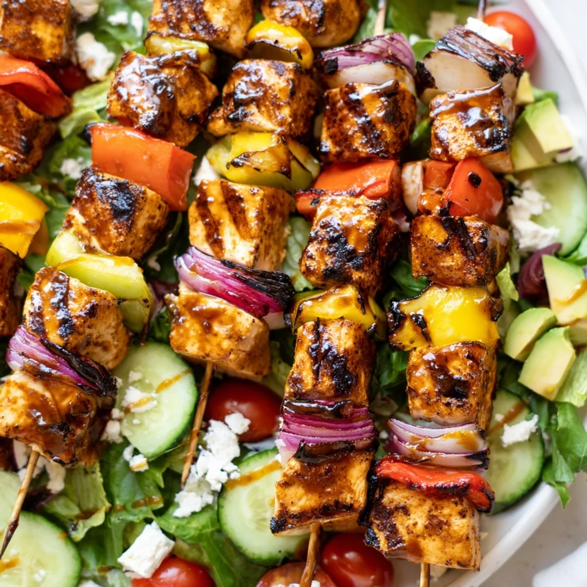 Vibrant summer BBQ chicken skewer salad plated with juicy tomatoes cucumber and smoky grilled meat