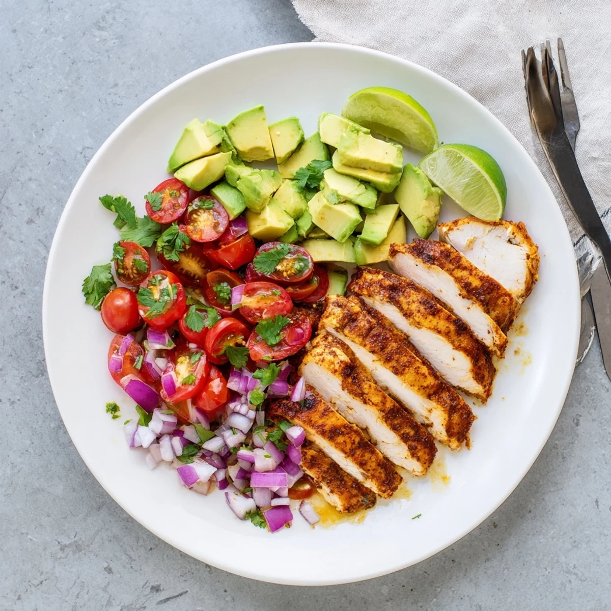 Golden honey lime chicken breast slices served over fresh avocado salad with cherry tomatoes