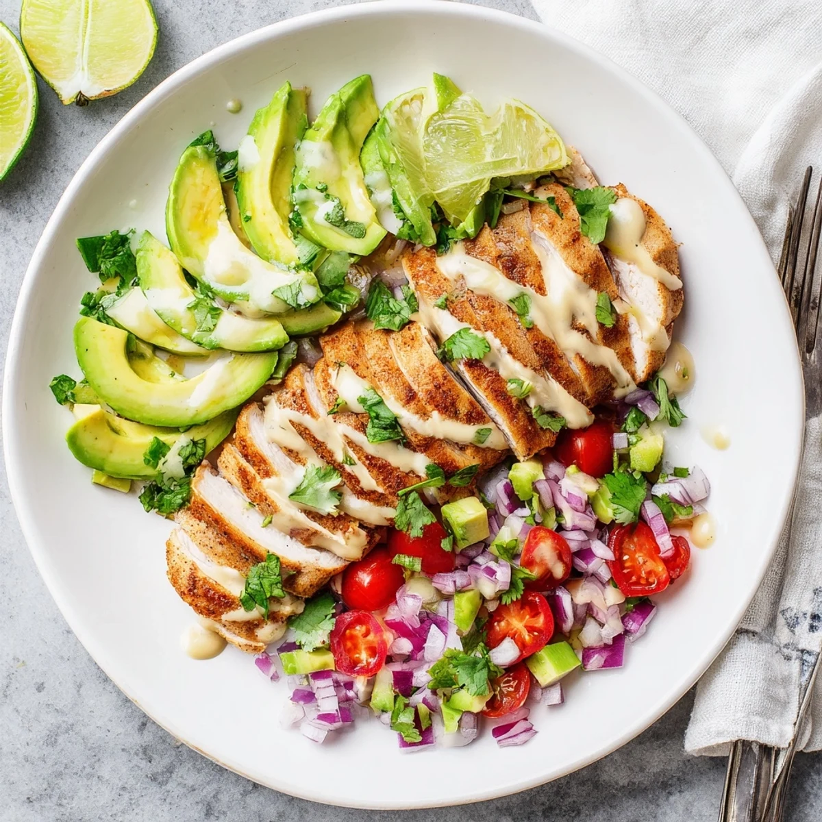 Pan-seared honey lime chicken with creamy diced avocado and zesty citrus herb dressing