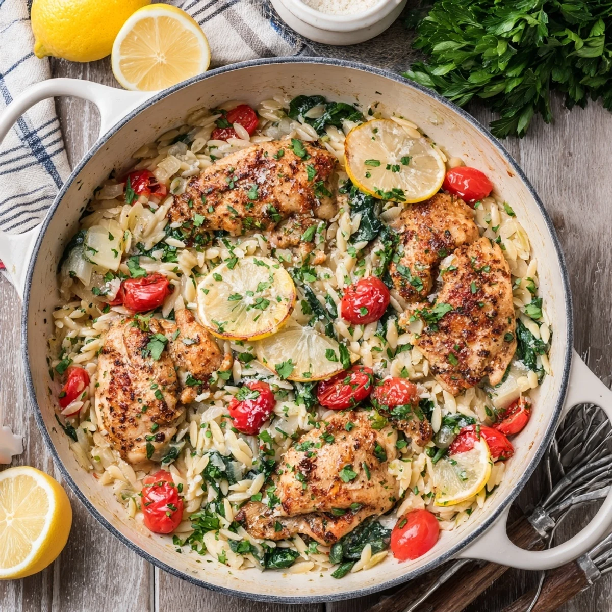 One skillet lemon herb chicken and orzo cooked to perfection with melted Parmesan and fresh parsley garnish