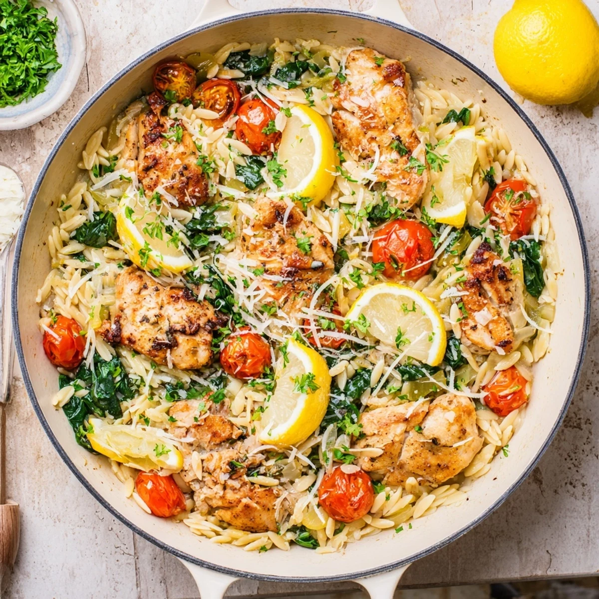 Family-friendly chicken and orzo simmered in bright lemon broth with tender vegetables and aromatic Mediterranean herbs