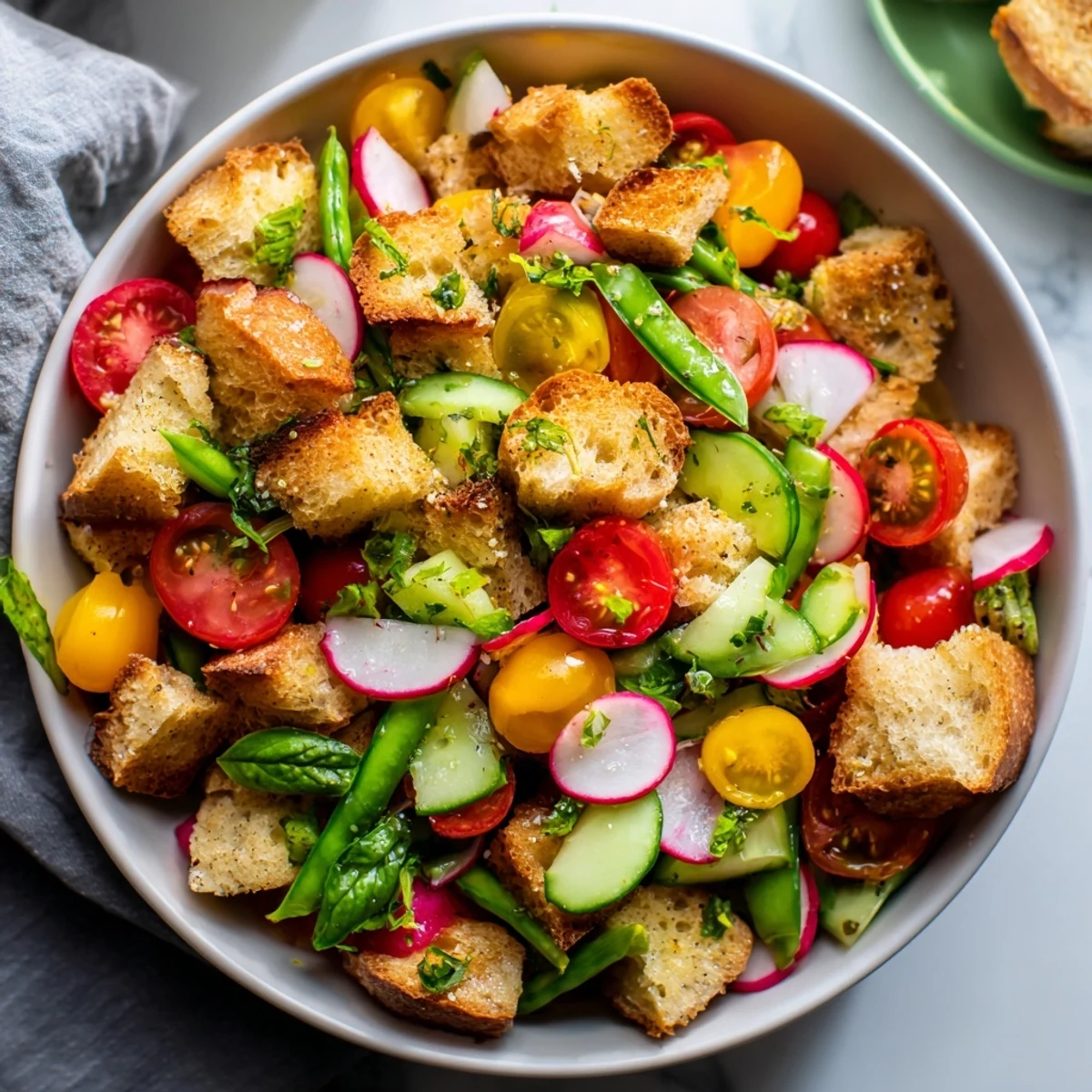 Golden crispy croutons tossed with colorful spring vegetables in a vibrant panzanella salad bowl