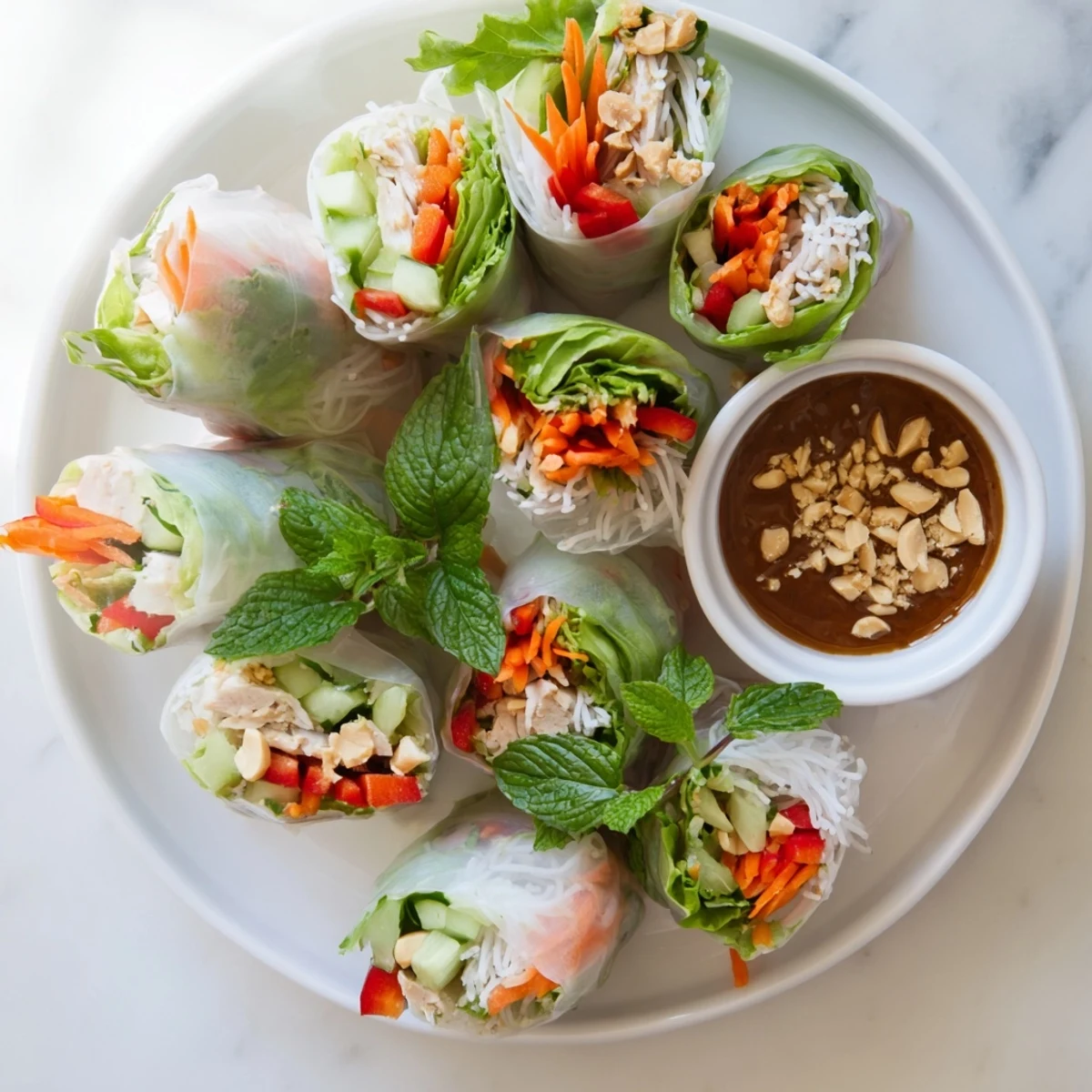 Fresh Vietnamese summer rolls with chicken feature translucent rice paper wrapped around colorful vegetables and herbs