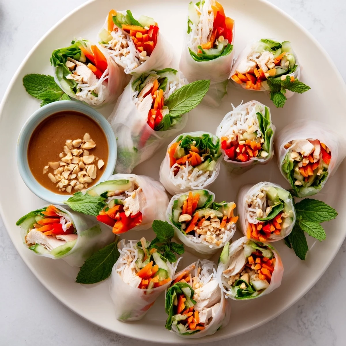 Close-up of Vietnamese summer rolls with chicken served alongside rich hoisin peanut dipping sauce for appetizer