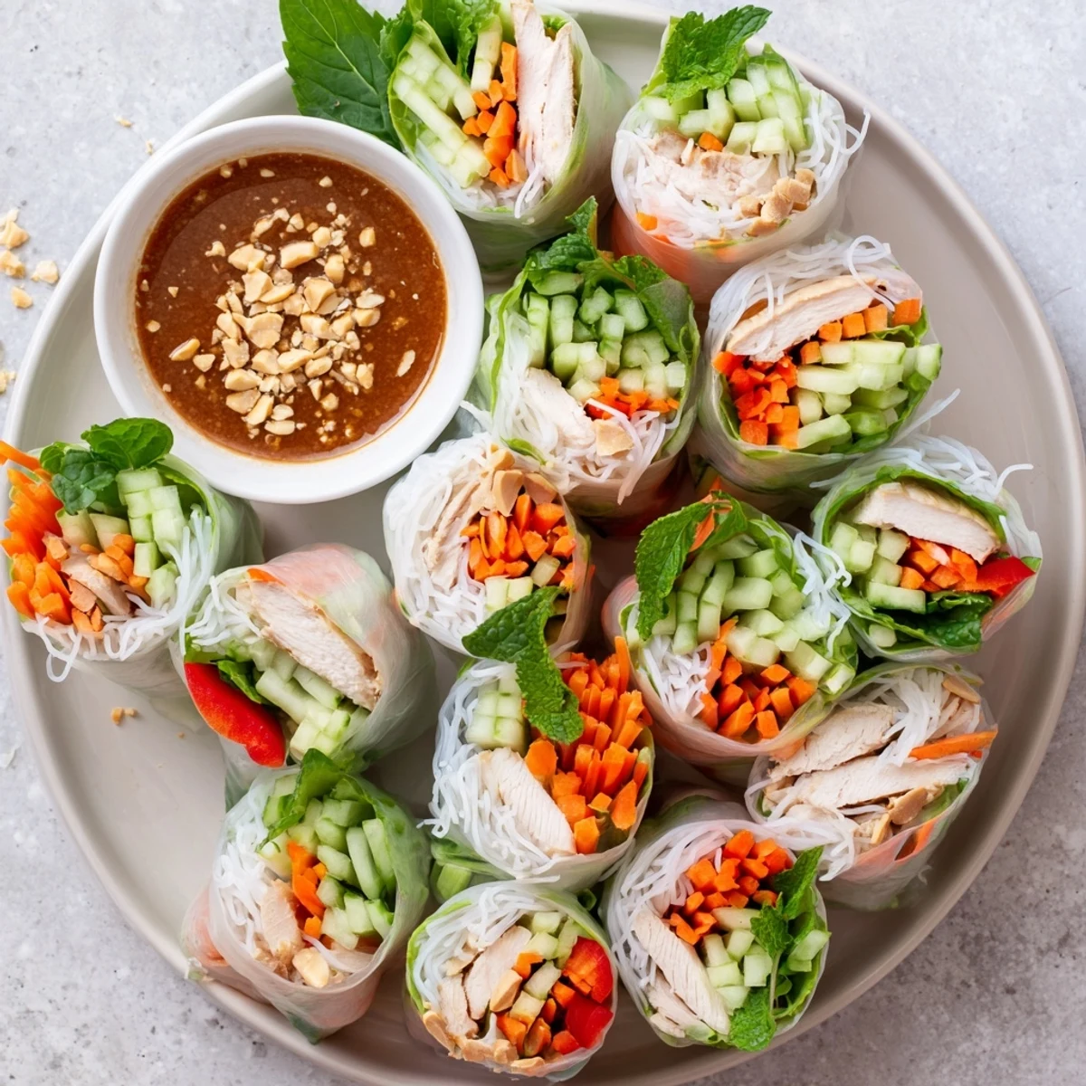 Plate of Vietnamese summer rolls with chicken showcasing bright crisp vegetables through clear rice paper wrappers