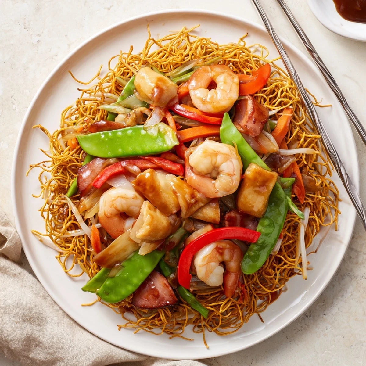 Sizzling Cantonese Chow Mein featuring crispy egg noodles piled high with succulent chicken shrimp and vibrant julienned vegetables
