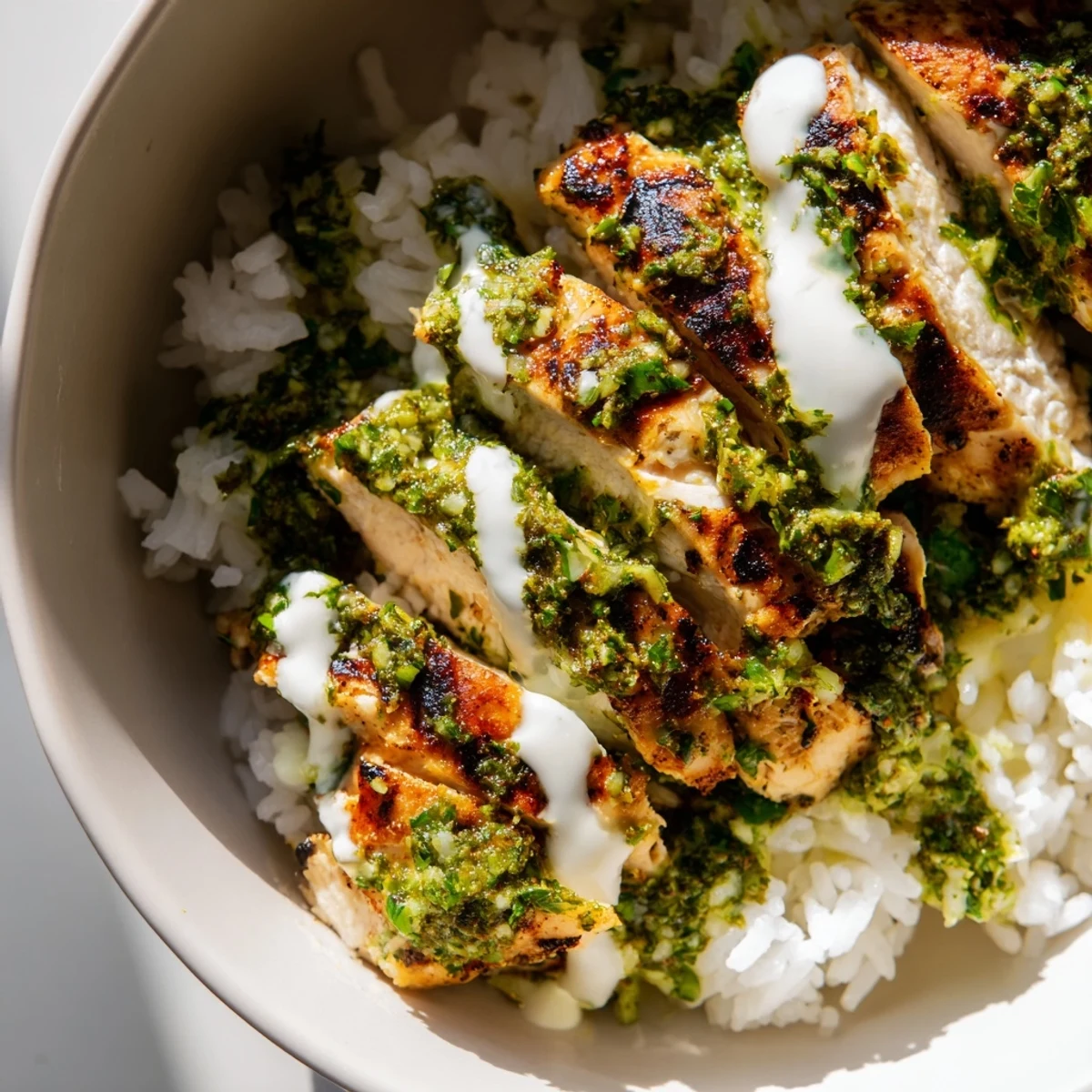 Juicy grilled chicken breast with vibrant chimichurri sauce over a bed of fluffy rice