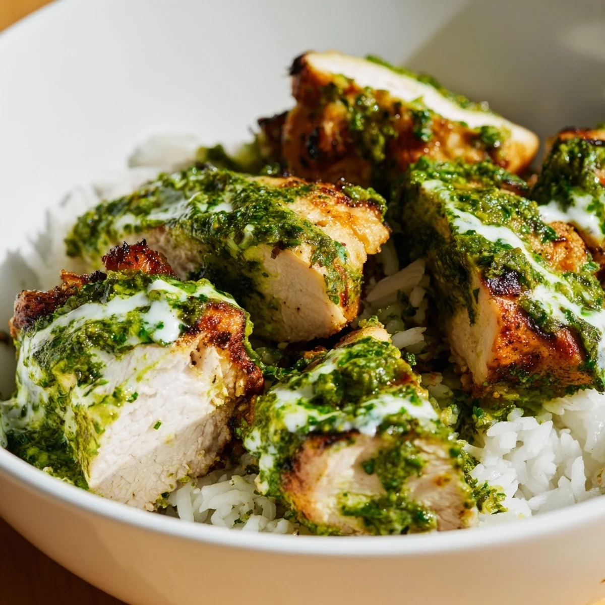 Colorful power bowl featuring marinated grilled chicken, fresh vegetables, and creamy garlic drizzle