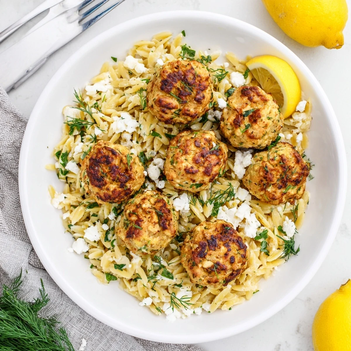 Golden brown Greek chicken meatballs with lemon orzo garnished with fresh dill and parsley