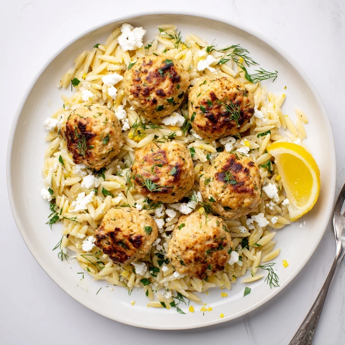 Juicy herb-seasoned meatballs atop tender lemon orzo scattered with crumbled feta and fresh herbs