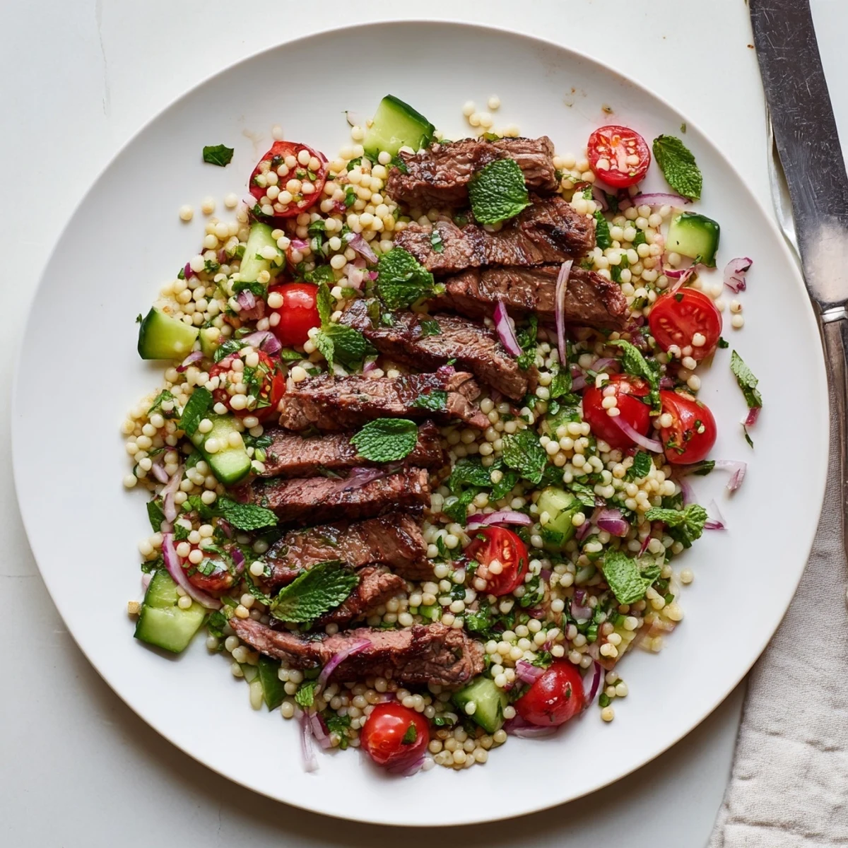 Juicy grilled skirt steak with smoky char served atop zesty pearl couscous salad