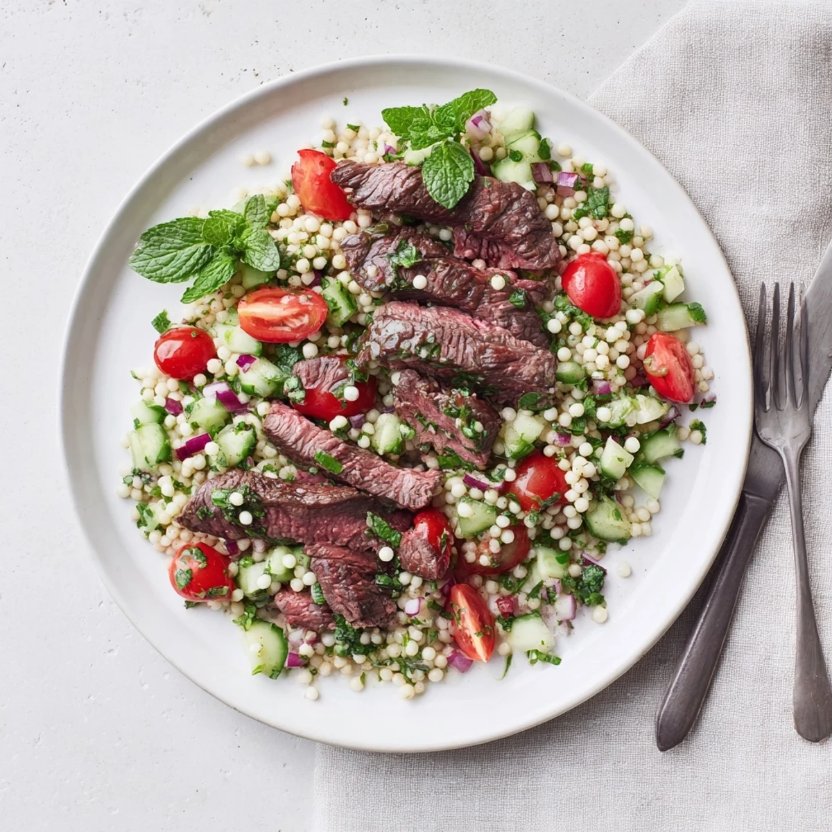 Tender sliced skirt steak paired with vibrant Mediterranean pearl couscous salad featuring fresh herbs