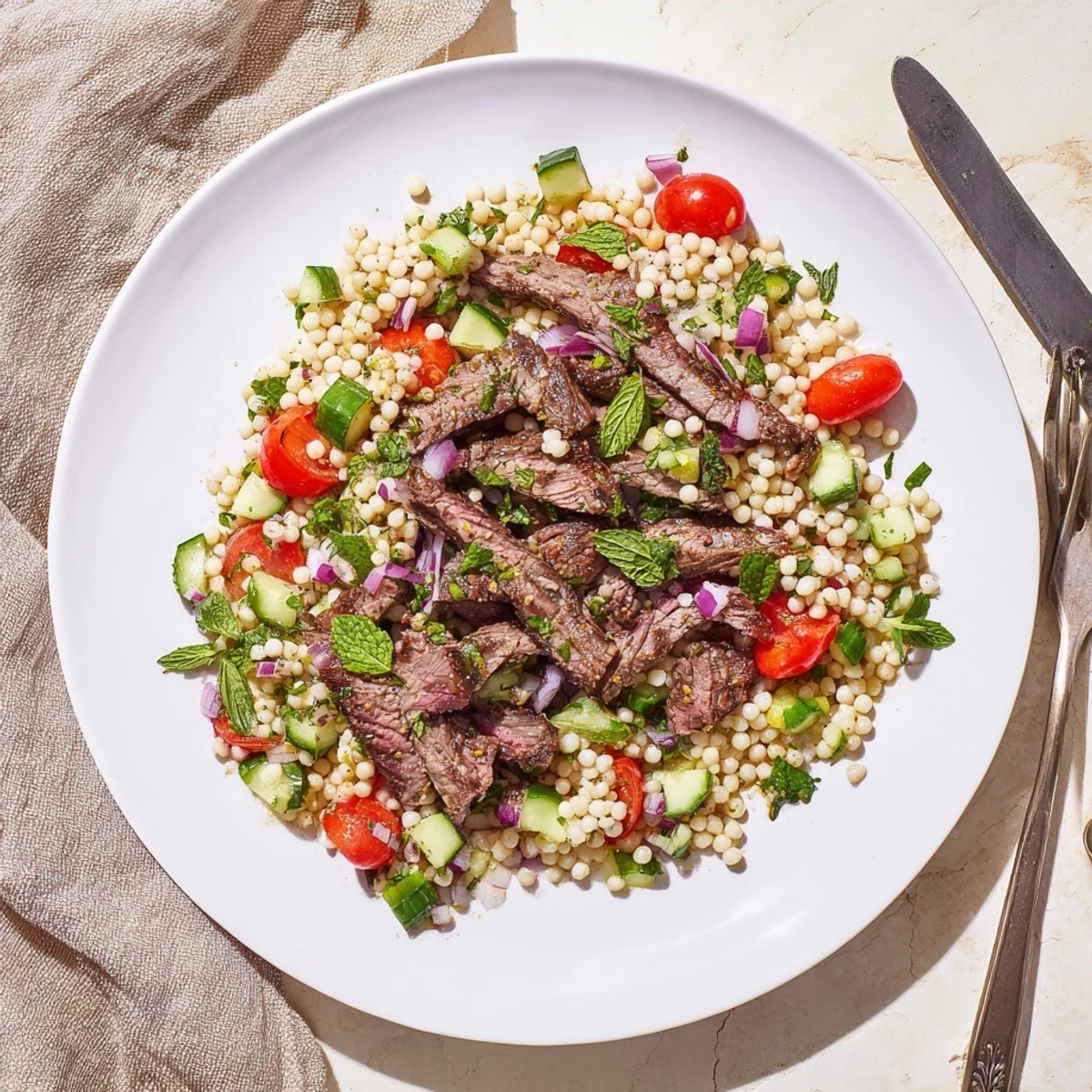 Perfectly grilled skirt steak resting on a bed of colorful pearl couscous with vegetables
