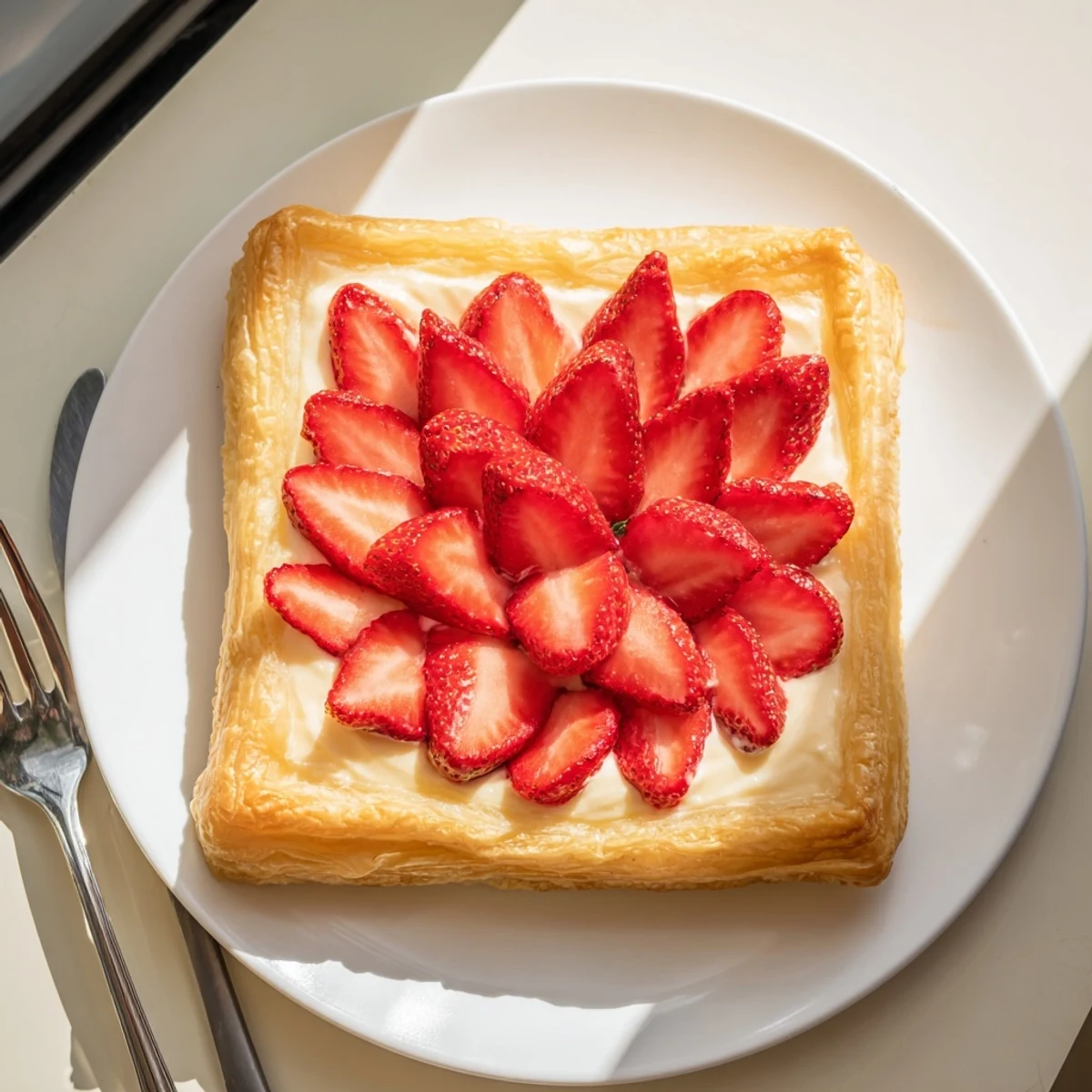 Golden flaky strawberry danishes topped with fresh berries and sweet cream cheese filling