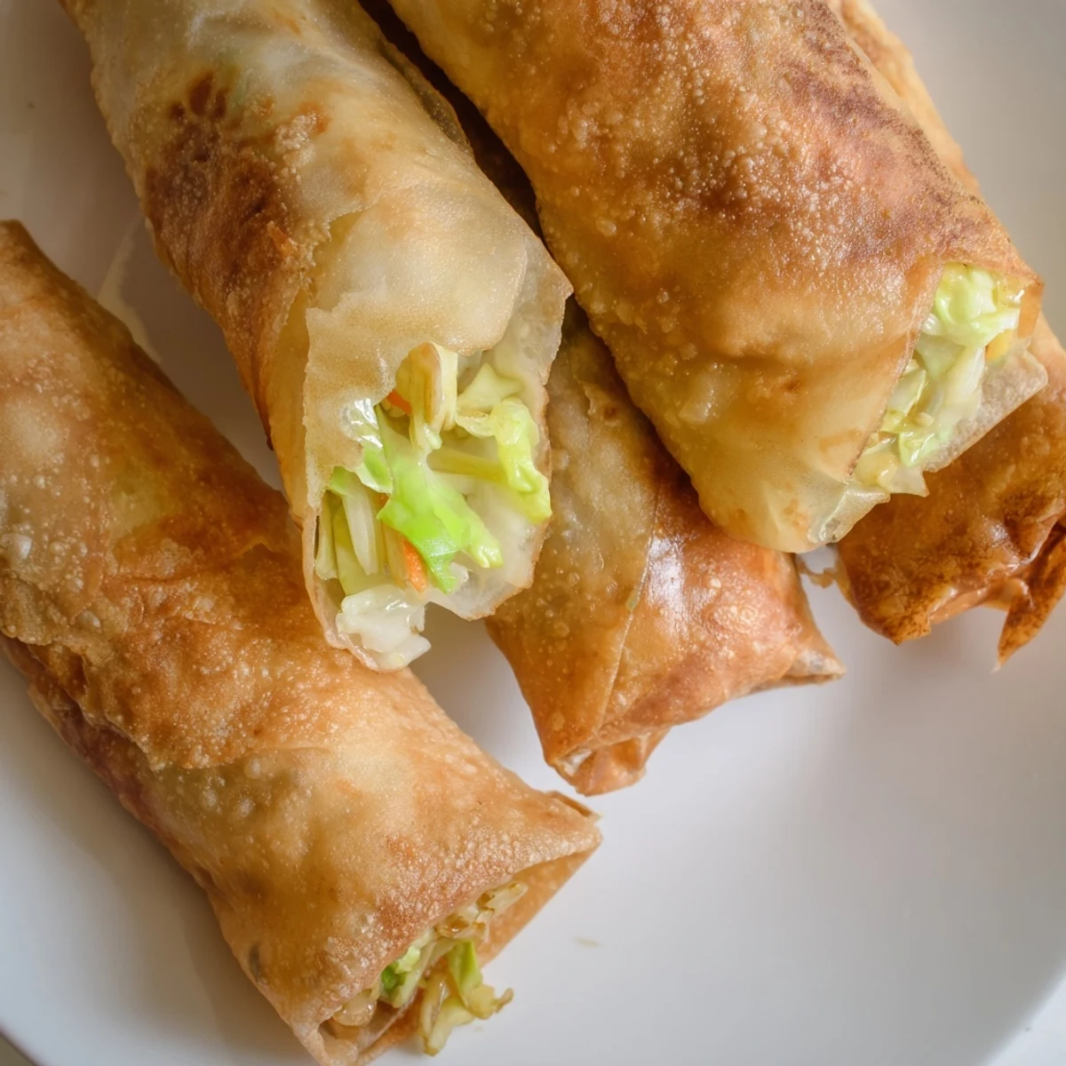 Handheld crispy spring rolls featuring julienned carrots and cabbage ready for dipping