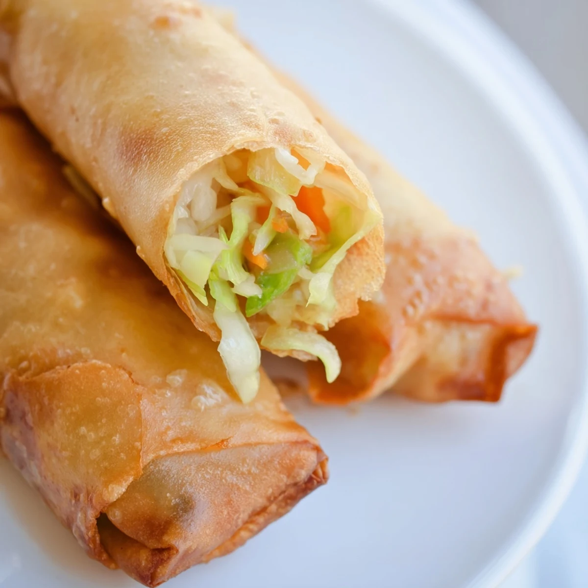 Deep-fried spring rolls displaying golden brown pastry and colorful vegetable stuffing